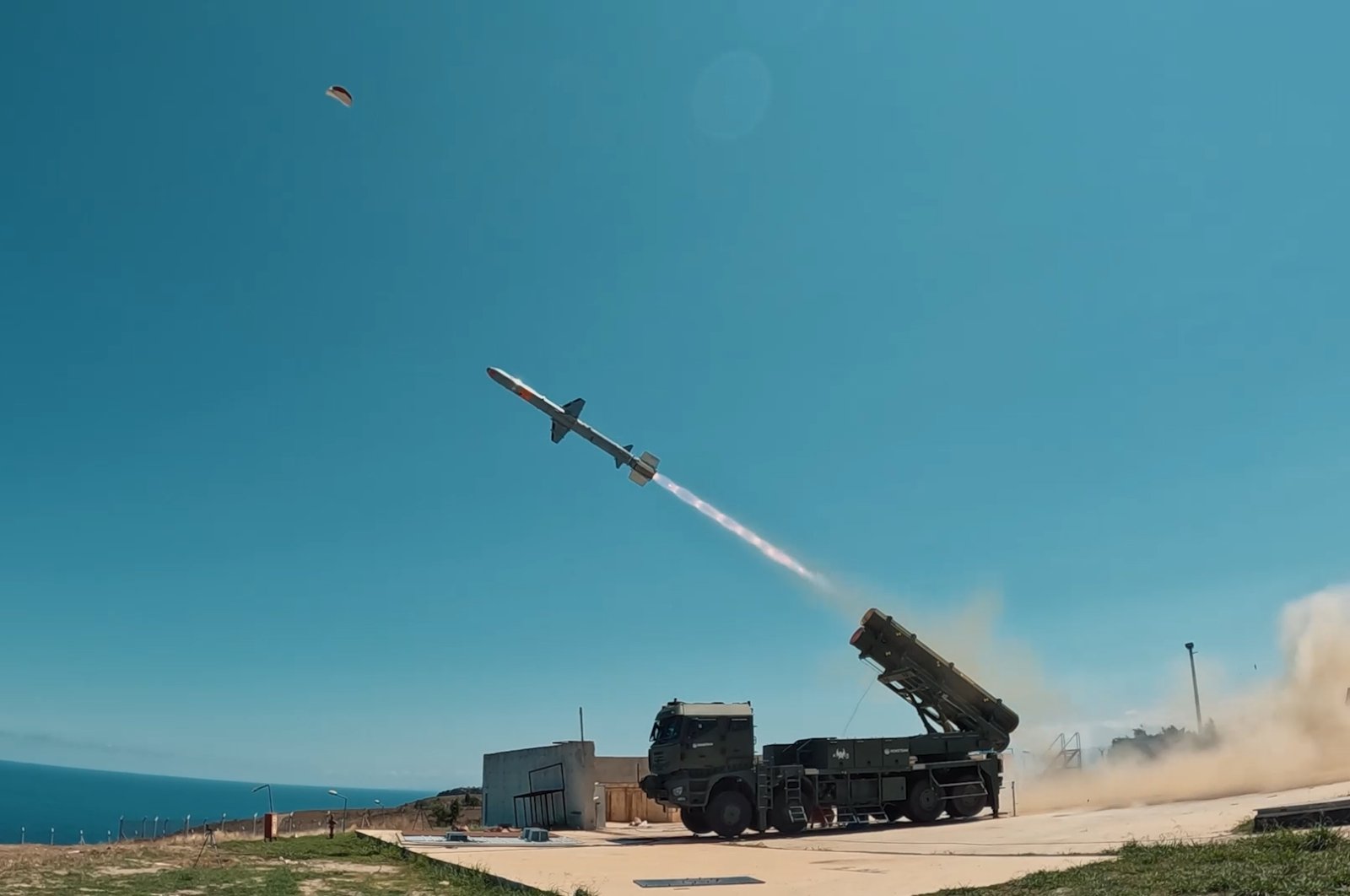 The Kara Atmaca long-range surface-to-surface cruise missile is fired from a mobile launcher from an unspecified location, Türkiye, Aug. 18, 2024. (DHA Photo)