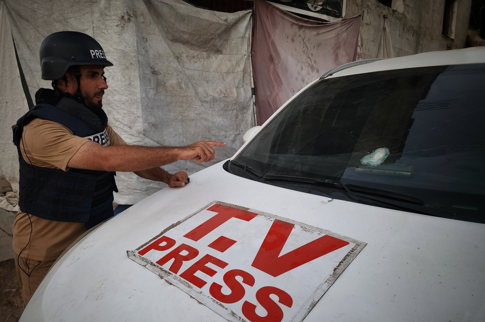 The Israeli army shot at a vehicle carrying a TRT Arabi team in a &quot;safe area,&quot; Khan Younis, Gaza, Palestine, Aug. 18, 2024. (AA Photo)