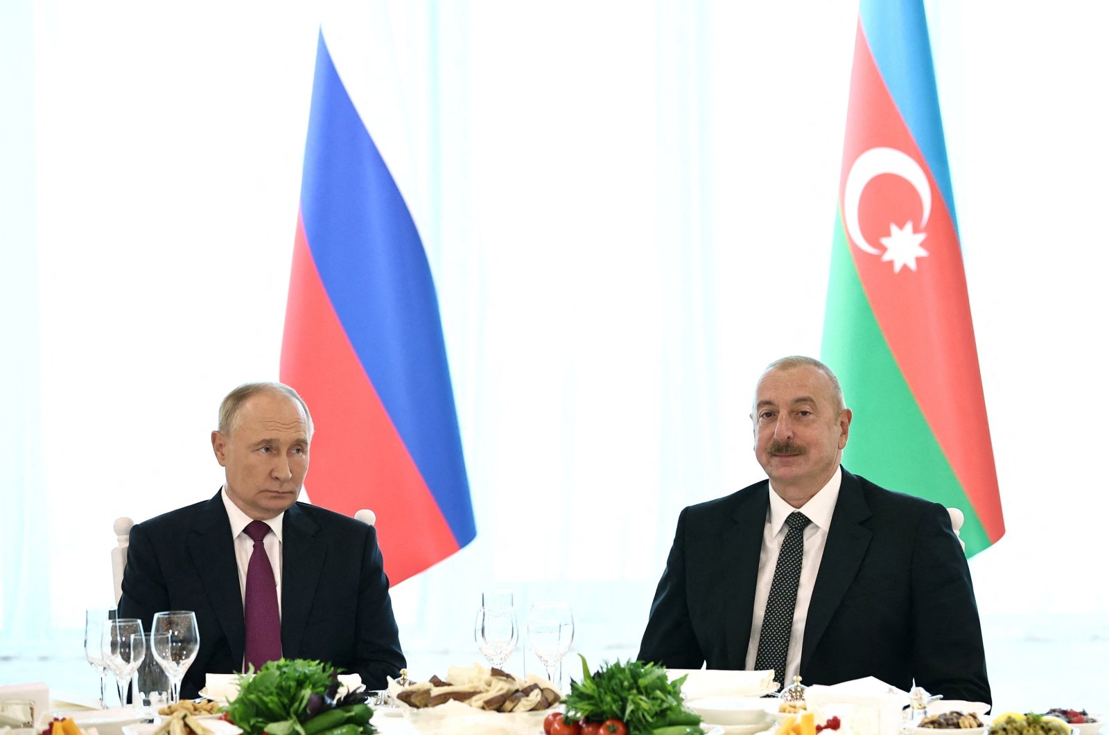 Russia's President Vladimir Putin and Azerbaijan's President Ilham Aliyev attend a state reception at the Gulustan Palace in Baku, Azerbaijan Aug. 19, 2024. (Sputnik/Mikhail Tereshchenko/Pool via Reuters)