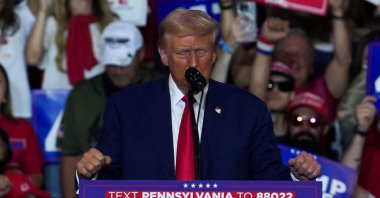 Republican presidential nominee and former U.S. President Donald Trump gestures as he holds a campaign rally in Wilkes-Barre, Pennsylvania, U.S., Aug. 17, 2024. (Reuters Photo)