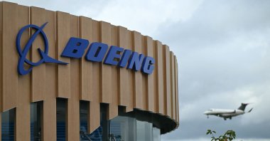 A logo is seen on the Boeing stand on the opening day of the Farnborough International Airshow 2024, southwest of London, U.K., July 22, 2024. (AFP Photo)