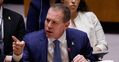 Israel's Ambassador to the United Nations Gilad Erdan rudely points to the Palestinian Representative as he speaks during a U.N. Security Council meeting on Gaza and the situation in Middle East at U.N. headquarters in New York City on Aug.13, 2024. (AFP Photo)