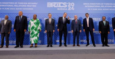 India’s BRICS Sherpa Dammu Ravi, Foreign Ministers Sameh Shoukry of Egypt, Naledi Pandor of South Africa, Wang Yi of China, Sergei Lavrov of Russia, Mauro Vieira of Brazil, Sheikh Abdullah bin Zayed Al Nahyan of the United Arab Emirates, Taye Atske Selassie of Ethiopia and Iran&amp;#039;s Acting Foreign Minister Ali Bagheri Kani pose for a group photo during a meeting of foreign ministers of the BRICS group of nations, in the city of Nizhny Novgorod, Russia, June 10, 2024. (Reuters File Photo)