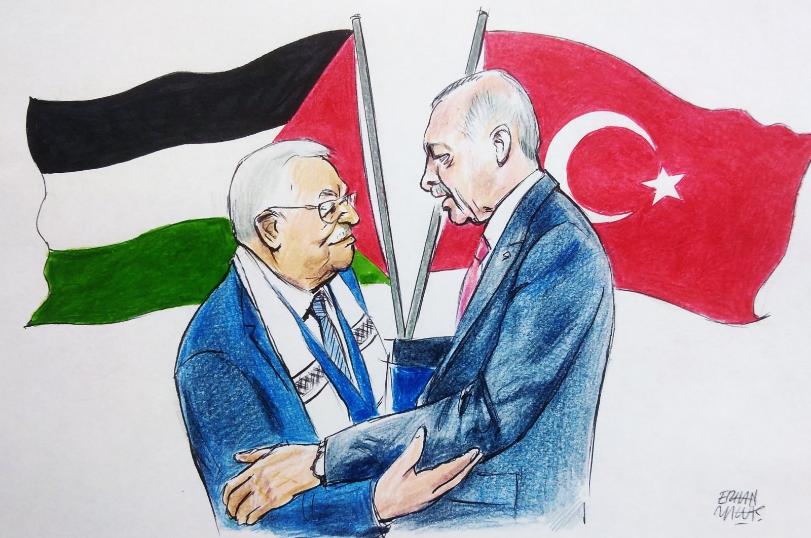 "Abbas mentioned that Türkiye&#039;s supporting power gave the Palestinians the courage to fight for their rights and promote regional peace" (Illustration by Erhan Yalvaç)