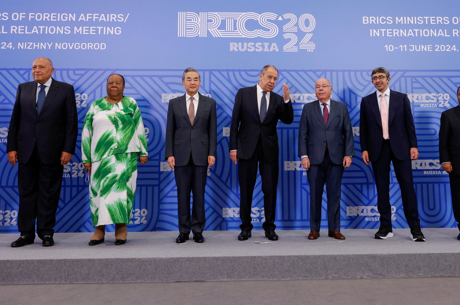 India’s BRICS Sherpa Dammu Ravi, Foreign Ministers Sameh Shoukry of Egypt, Naledi Pandor of South Africa, Wang Yi of China, Sergei Lavrov of Russia, Mauro Vieira of Brazil, Sheikh Abdullah bin Zayed Al Nahyan of the United Arab Emirates, Taye Atske Selassie of Ethiopia and Iran&amp;#039;s Acting Foreign Minister Ali Bagheri Kani pose for a group photo during a meeting of foreign ministers of the BRICS group of nations, in the city of Nizhny Novgorod, Russia, June 10, 2024. (Reuters File Photo)