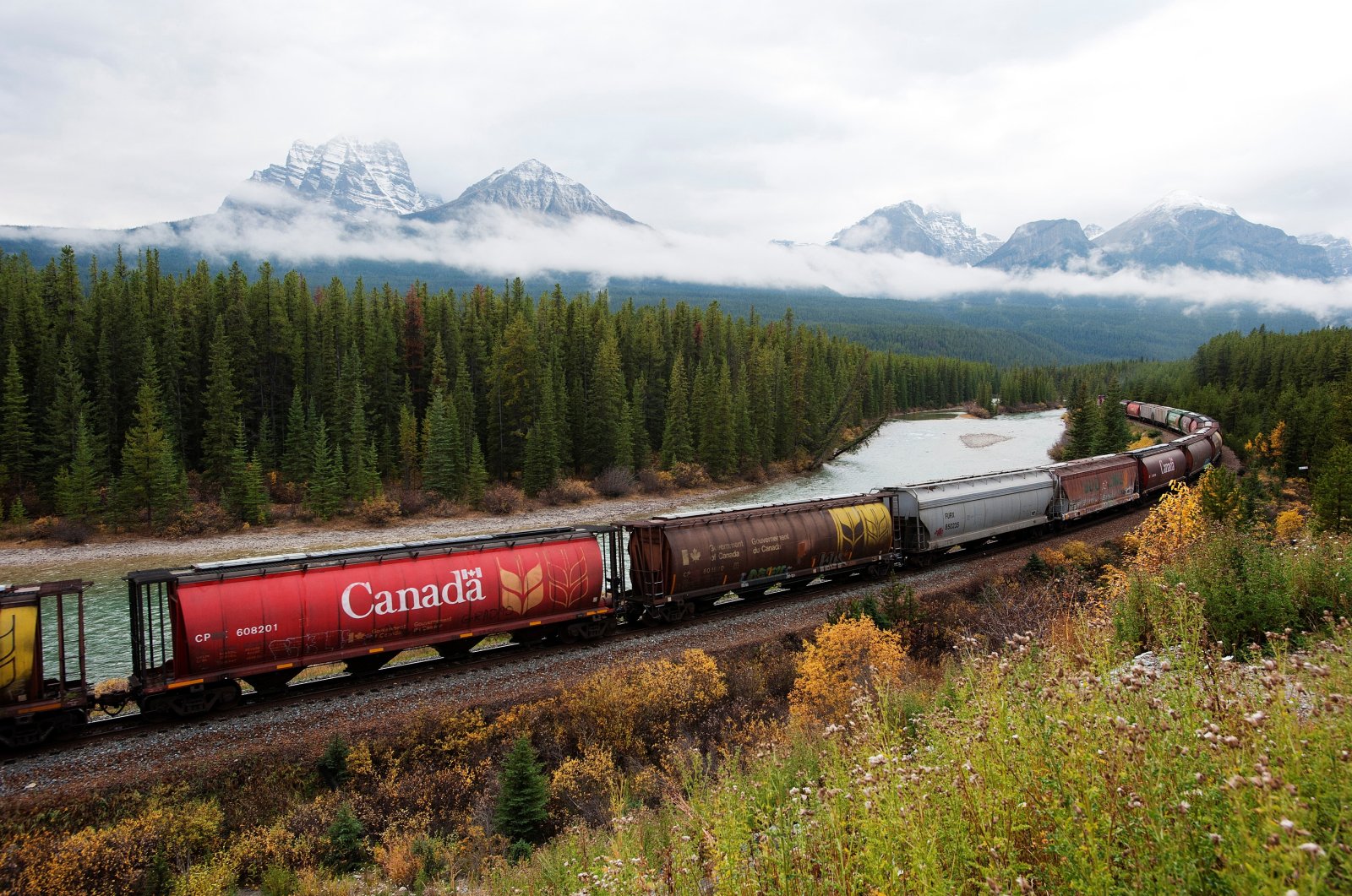 Rail cars loaded with Canadian wheat travel through the Rocky Mountains on the Canadian Pacific railway line near Banff, Alberta, Oct. 6, 2011. (Reuters File Photo)