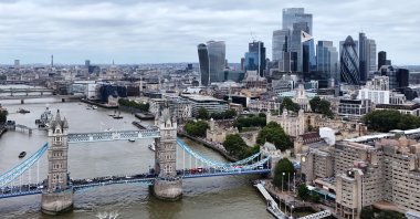 A picture taken with a drone shows the Tower Bridge and skyline of the financial district of the City of London in London, U.K., Aug. 15, 2024. (EPA Photo)