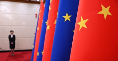 The European Union and China's flags are photographed in Bejing, China, Dec. 7, 2023. (Reuters Photo)