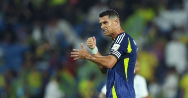 Al-Nassr&#039;s Cristiano Ronaldo celebrates after scoring the 1st goal during the Saudi Super Cup Final match between  Al Nassr and Al Hilal at Prince Sultan bin Abdul Aziz Stadium, Abha, Saudi Arabia, Aug. 17, 2024. (Getty Images Photo)