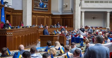 Polish Speaker of Parliament Szymon Holownia addresses Ukrainian lawmakers during a parliament session, in Kyiv, Ukraine, June 19, 2024. (Reuters File Photo)