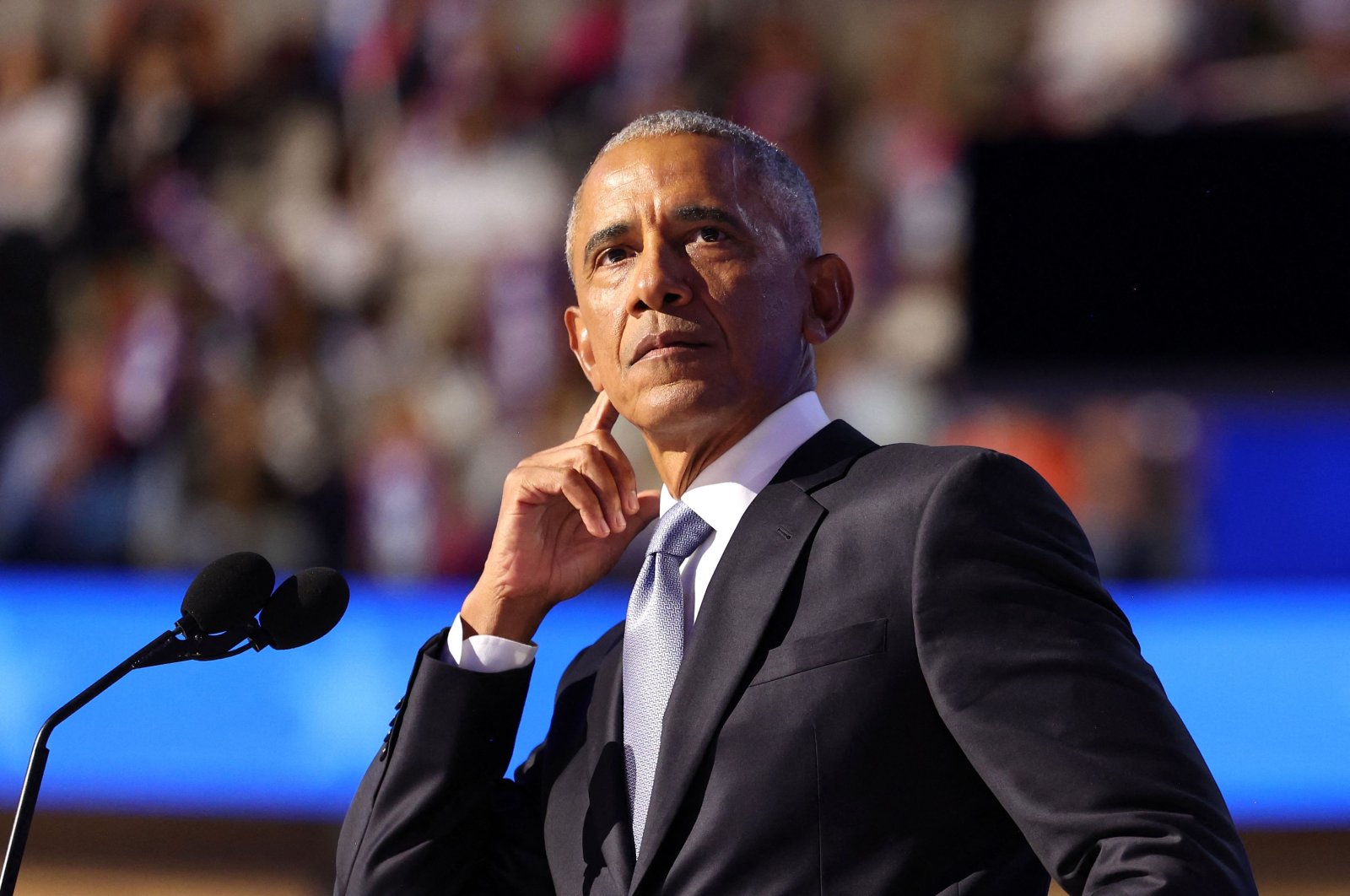 Former U.S. President Barack Obama gestures as he speaks on the second day of the Democratic National Convention (DNC) in Chicago, Illinois, Aug. 20, 2024. (AFP Photo)