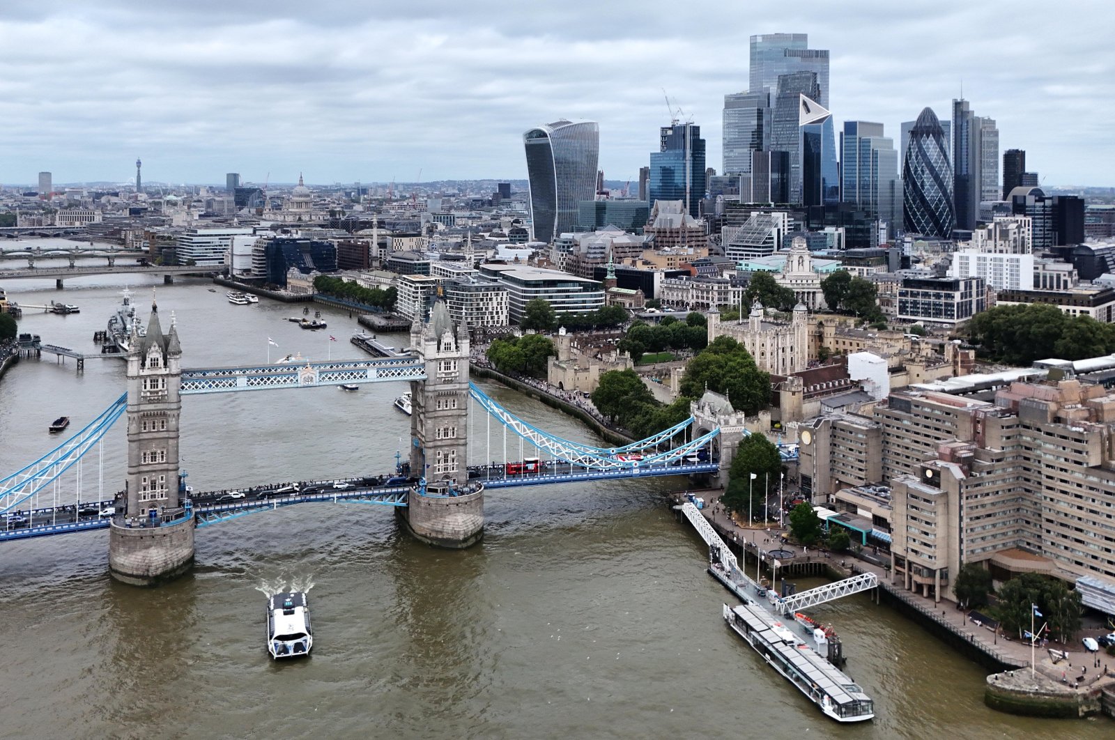 A picture taken with a drone shows the Tower Bridge and skyline of the financial district of the City of London in London, U.K., Aug. 15, 2024. (EPA Photo)