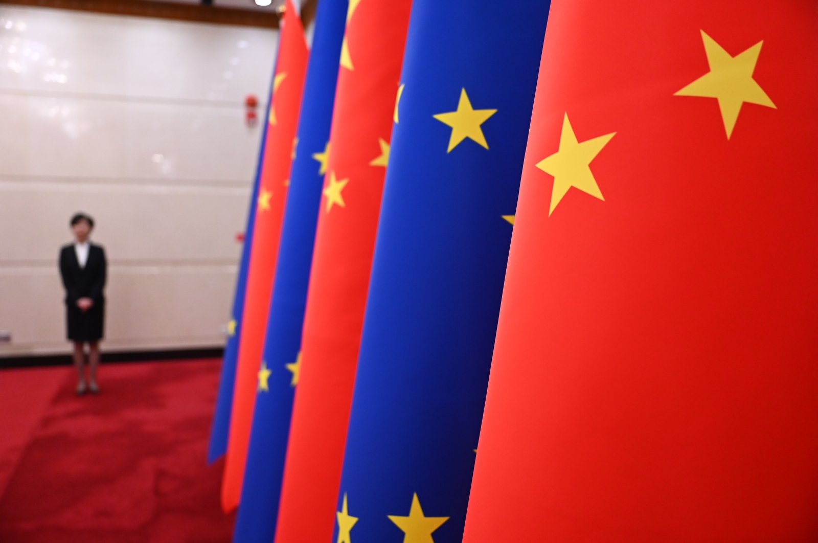 The European Union and China&#039;s flags are photographed in Bejing, China, Dec. 7, 2023. (Reuters Photo)