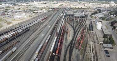 Railcars and locomotives sit idol at the CPKC rail yard in Calgary, Alberta, Canada, Aug. 22, 2024. (The Canadian Press via AP)
