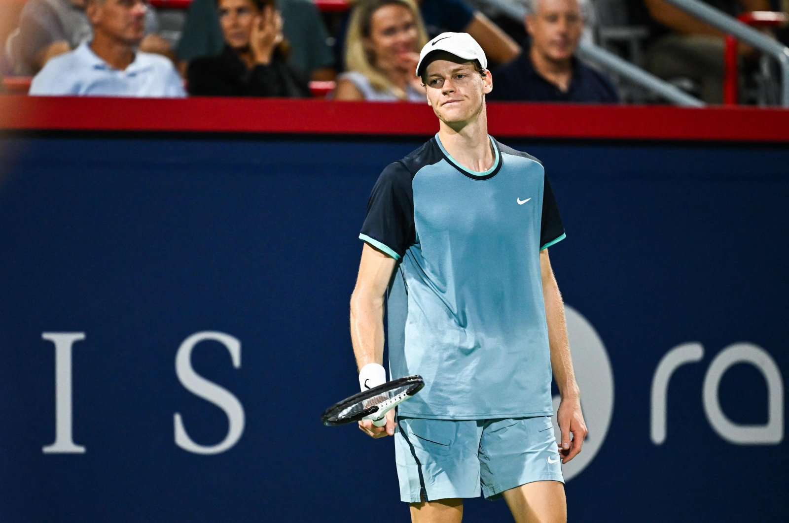 Italy&#039;s Jannik Sinner looks on against Andrey Rublev in the men&#039;s singles quarterfinals round match during Day Five of the ATP Masters 1000 National Bank Open at Stade IGA, Montreal, Canada, Aug. 10, 2024. (AFP Photo)