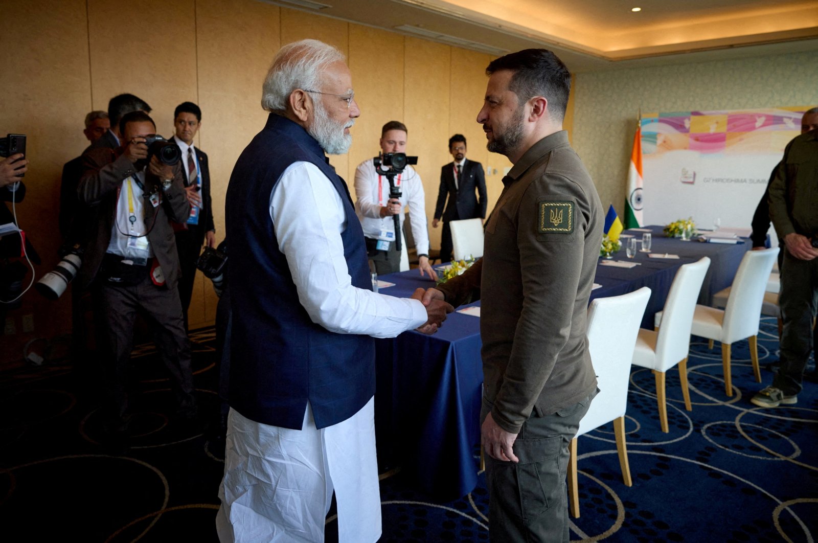 Ukraine&#039;s President Volodymyr Zelenskyy (R) and Indian Prime Minister Narendra Modi shake hands during the G-7 leaders&#039; summit, Hiroshima, Japan, May 20, 2023. (Reuters Photo)