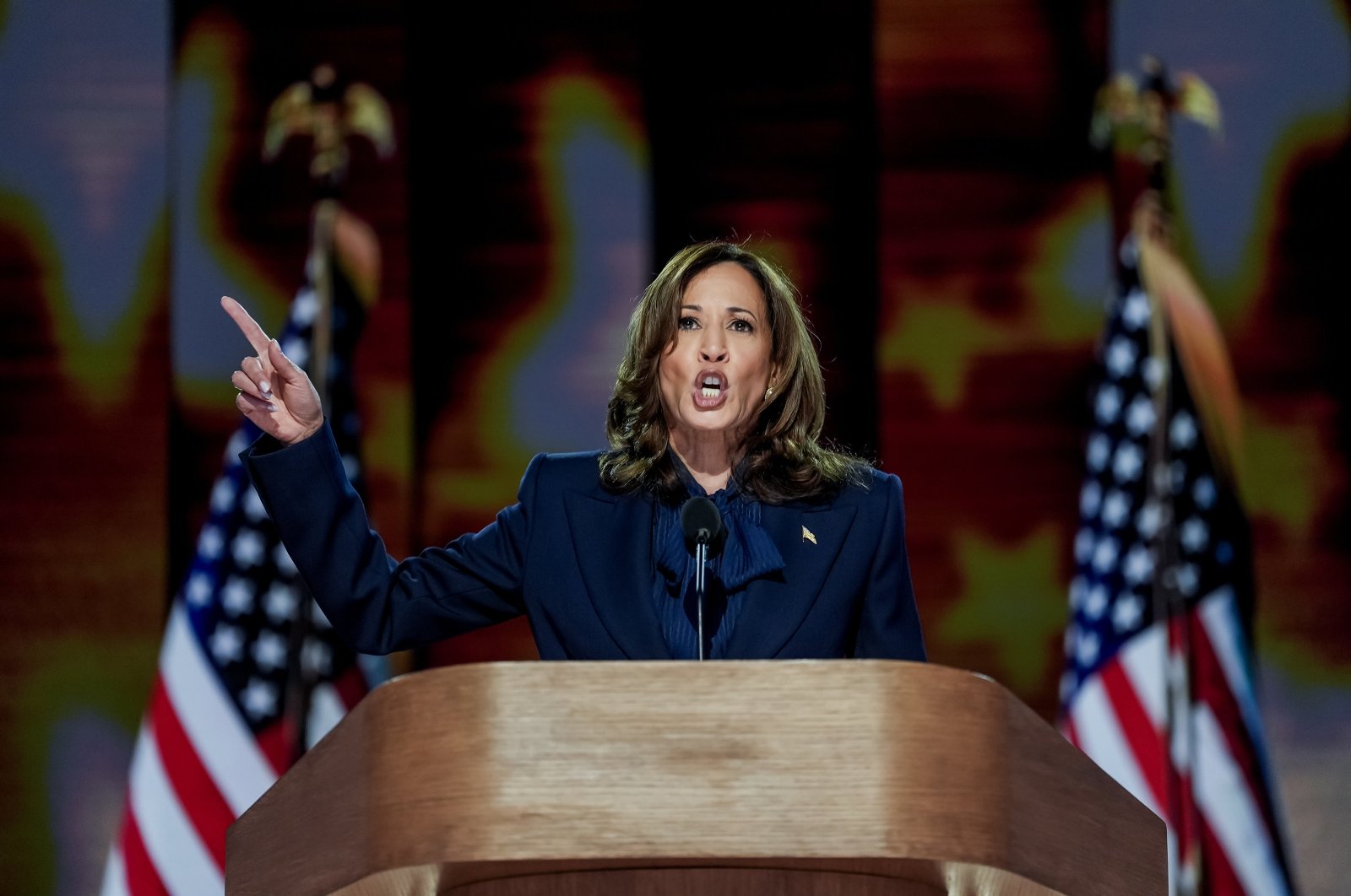 Democratic presidential nominee and U.S. Vice President Kamala Harris speaks during the final night of the Democratic National Convention (DNC) at the United Center, Chicago, Illinois, U.S., Aug. 22, 2024. (EPA Photo)