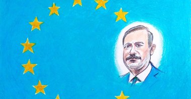 An illustration shows Foreign Minister Hakan Fidan with the flag of the European Union in the background. (Illustration by Erhan Yalvaç)