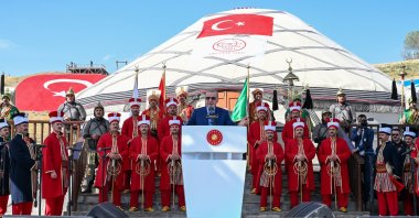President Recep Tayyip Erdoğan speaks against the backdrop of Mehter, an Ottoman military band, in Bitlis, southeastern Türkiye, Aug. 25, 2024. (AA Photo)