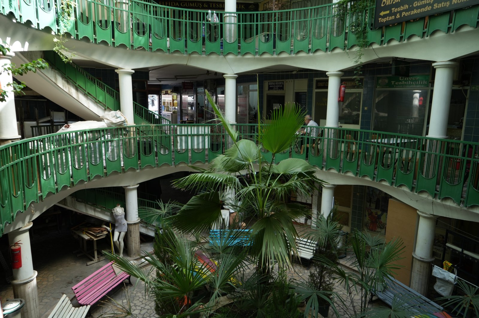 The interior of the Ahşap Han is painted in green, Bursa, Türkiye, Aug. 25, 2024. (IHA Photo) 