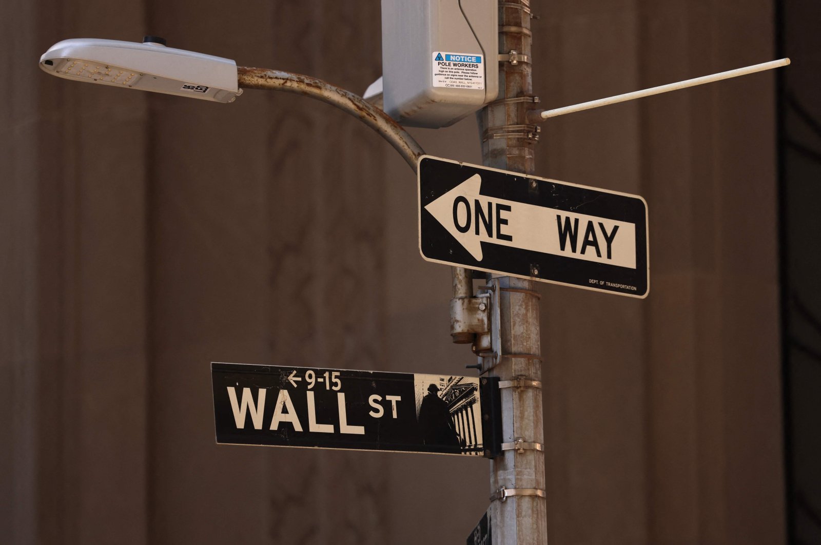 A street sign for &quot;Wall Street&quot; is seen near the New York Stock Exchange (NYSE) in the Financial District in New York City, U.S., Aug. 5, 2024. (AFP Photo)