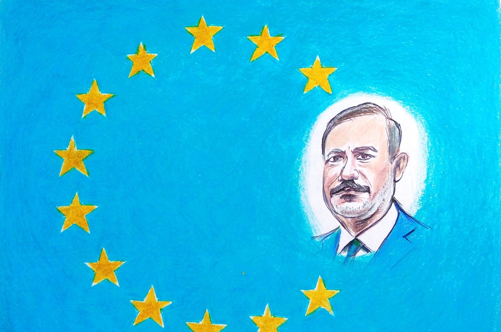 An illustration shows Foreign Minister Hakan Fidan with the flag of the European Union in the background. (Illustration by Erhan Yalvaç)