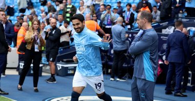 Manchester City&#039;s Ilkay Gündoğan during the warmup before the Premier League match against Ipswich Town at the Etihad Stadium, Manchester, U.K., Aug. 24, 2024. (Reuters Photo)