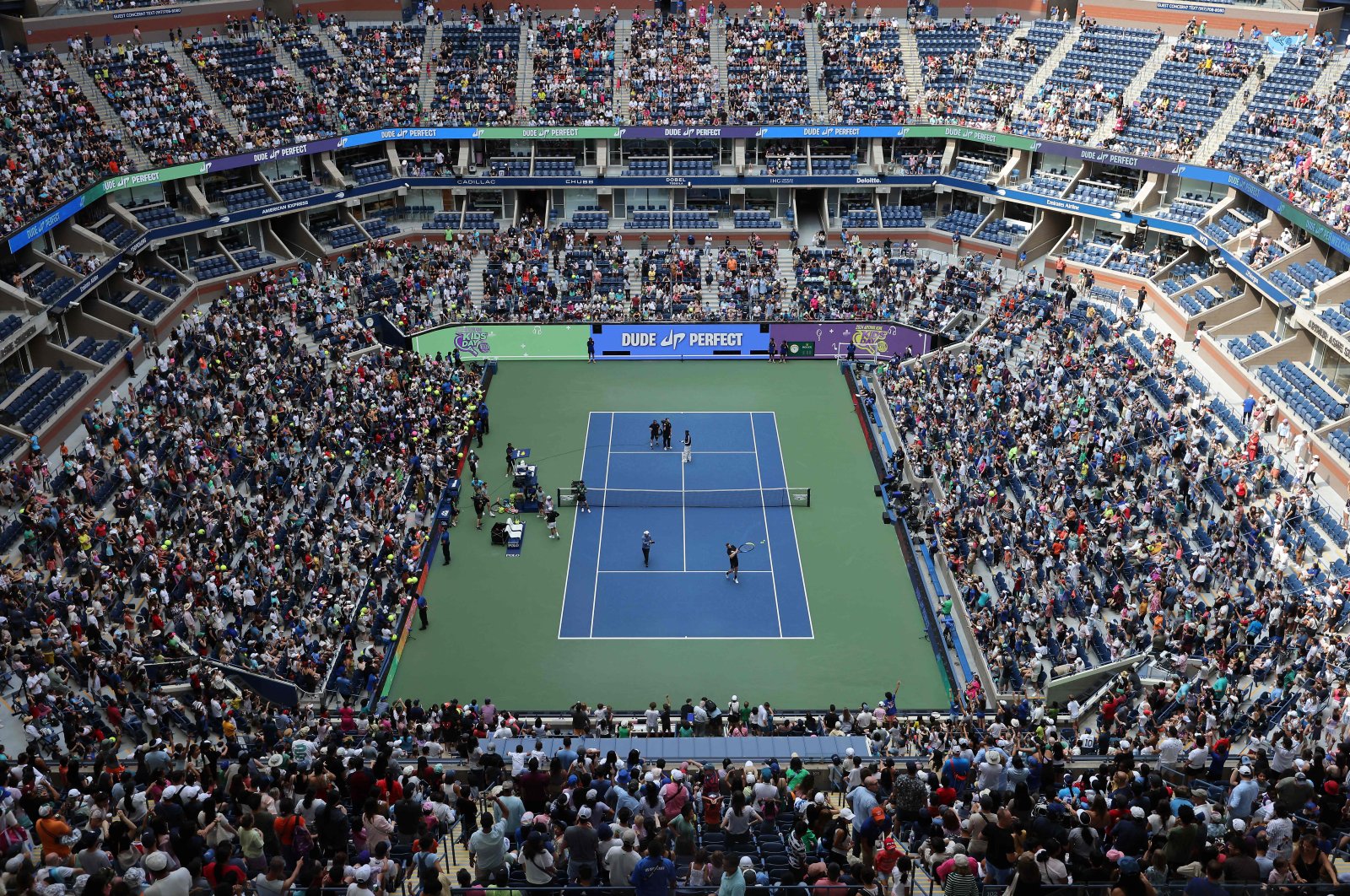 A general view as Dude Perfect performs during Arthur Ashe Kid&#039;s Day ahead of the U.S. Open at USTA Billie Jean King National Tennis Center, New York City, U.S., Aug. 24, 2024. (AFP Photo)