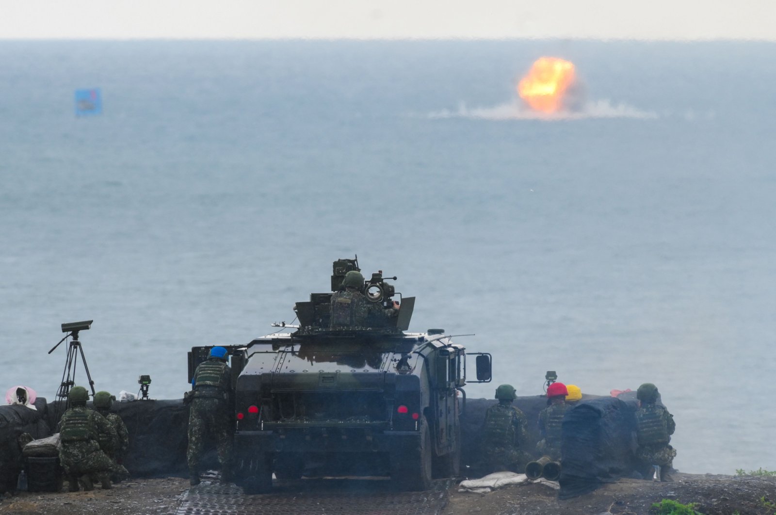 A U.S.-made TOW-2A anti-tank missile fired by Taiwanese soldiers hits its target during a live exercise at Fanshan, Pingtung, Taiwan, Aug. 26, 2024. (AFP Photo)