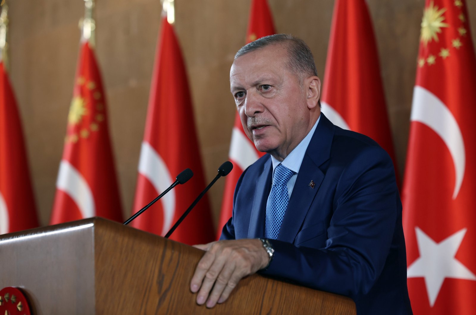 President Recep Tayyip Erdoğan makes statements after the Cabinet meeting at the Presidential Complex, Ahlat, Bitlis, Türkiye, Aug. 25, 2024. (AA Photo)