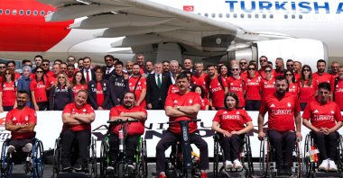 The Turkish Paralympics team poses for a photo before departing for Paris ahead of the 2024 Paris Paralympics, Istanbul, Türkiye, Aug. 25, 2024. (AA Photo)