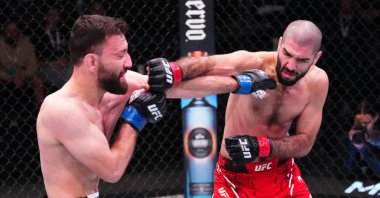 Afghanistan&#039;s Javid Basharat (L) fights against Canada&#039;s Aiemann Zahabi in a bantamweight bout during the UFC Fight Night event at UFC APEX, Las Vegas, Nevada, U.S., March 2, 2024. (Getty Images Photo)