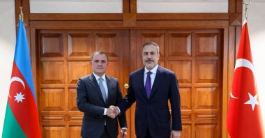 Foreign Minister Hakan Fidan (R) meets with Azerbaijani counterpart Jeyhun Bayramov (L) at the Foreign Ministry in the capital Ankara, Türkiye, Aug. 27, 2024. (AA Photo)