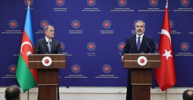 Foreign Minister Hakan Fidan and Azerbaijani Counterpart Jeyhun Bayramov speak at a joint news conference in the capital Ankara, Aug. 27, 2024. (AA Photo)