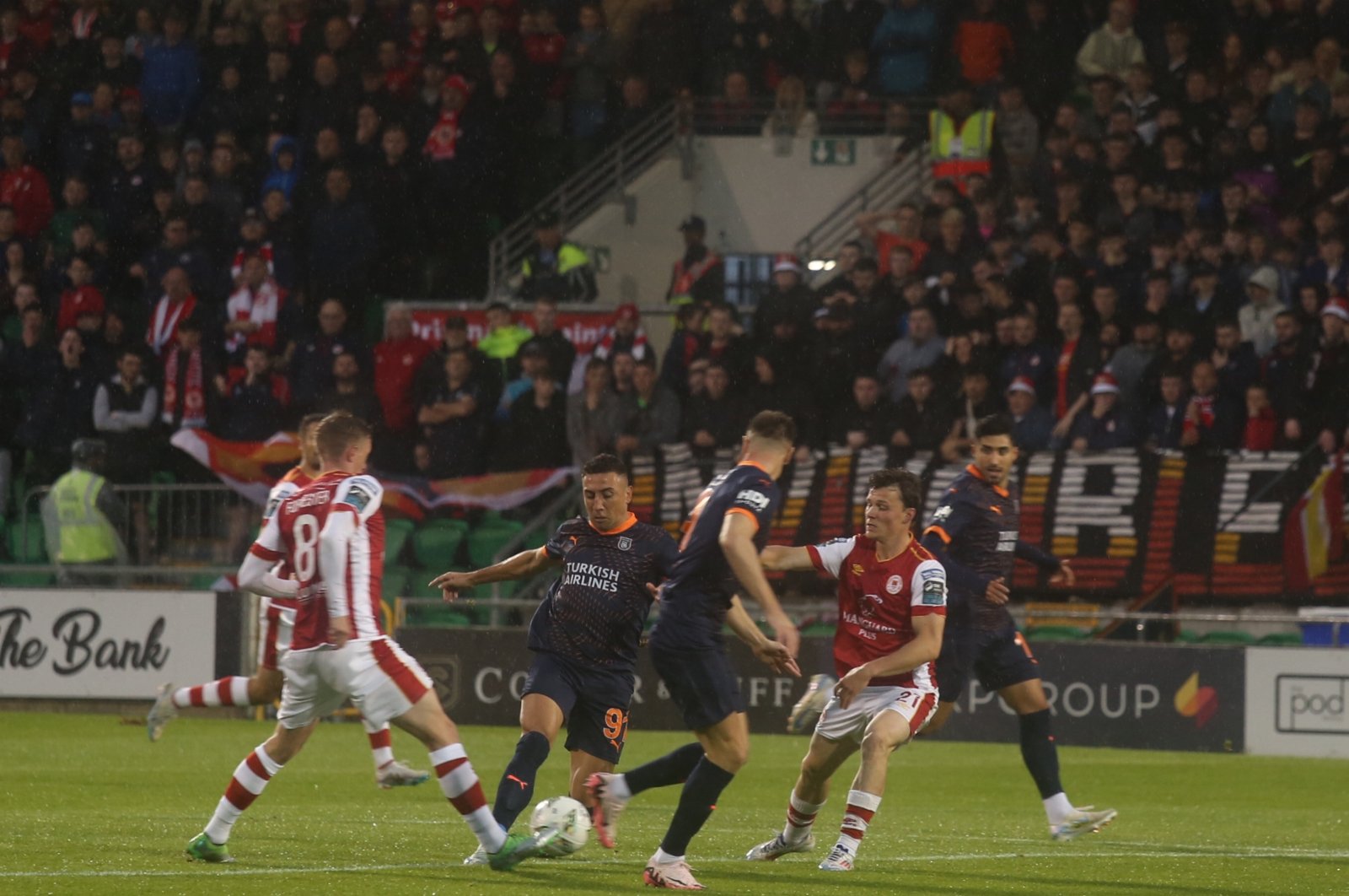 Başakşehir player Davidson (2nd L) dribbles the ball during the first leg of the UEFA Conference League play-off round against St Patrick&#039;s Athletic at the Tallaght Stadium, Dublin, Ireland, Aug. 22, 2024. (AA Photo)