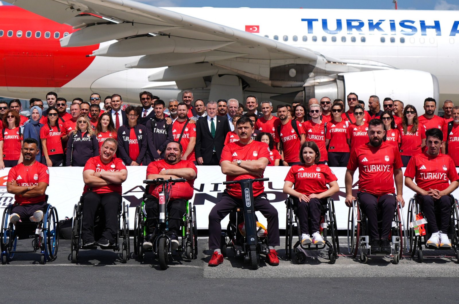 The Turkish Paralympics team poses for a photo before departing for Paris ahead of the 2024 Paris Paralympics, Istanbul, Türkiye, Aug. 25, 2024. (AA Photo)