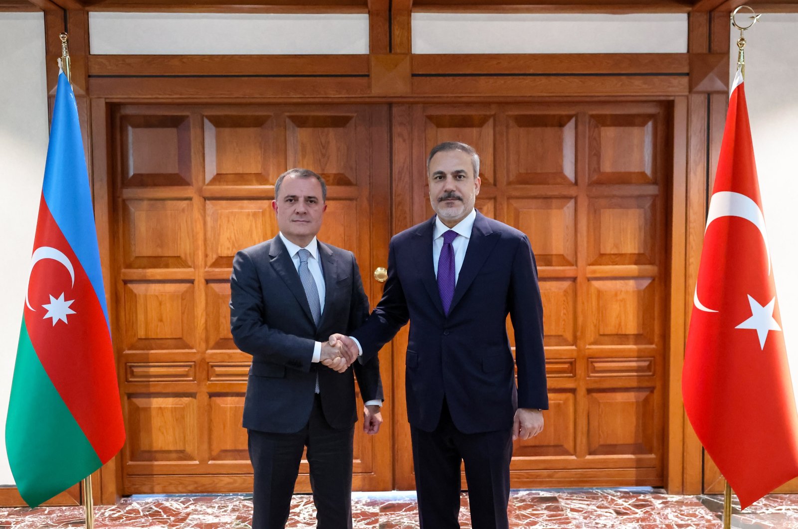 Foreign Minister Hakan Fidan (R) meets with Azerbaijani counterpart Jeyhun Bayramov (L) at the Foreign Ministry in the capital Ankara, Türkiye, Aug. 27, 2024. (AA Photo)