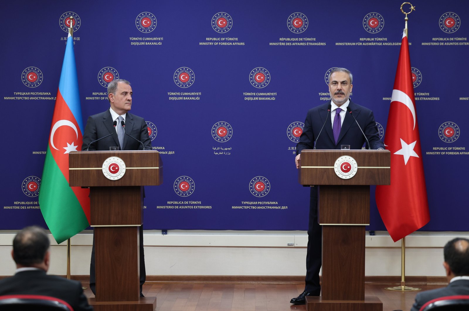 Foreign Minister Hakan Fidan and Azerbaijani Counterpart Jeyhun Bayramov speak at a joint news conference in the capital Ankara, Aug. 27, 2024. (AA Photo)