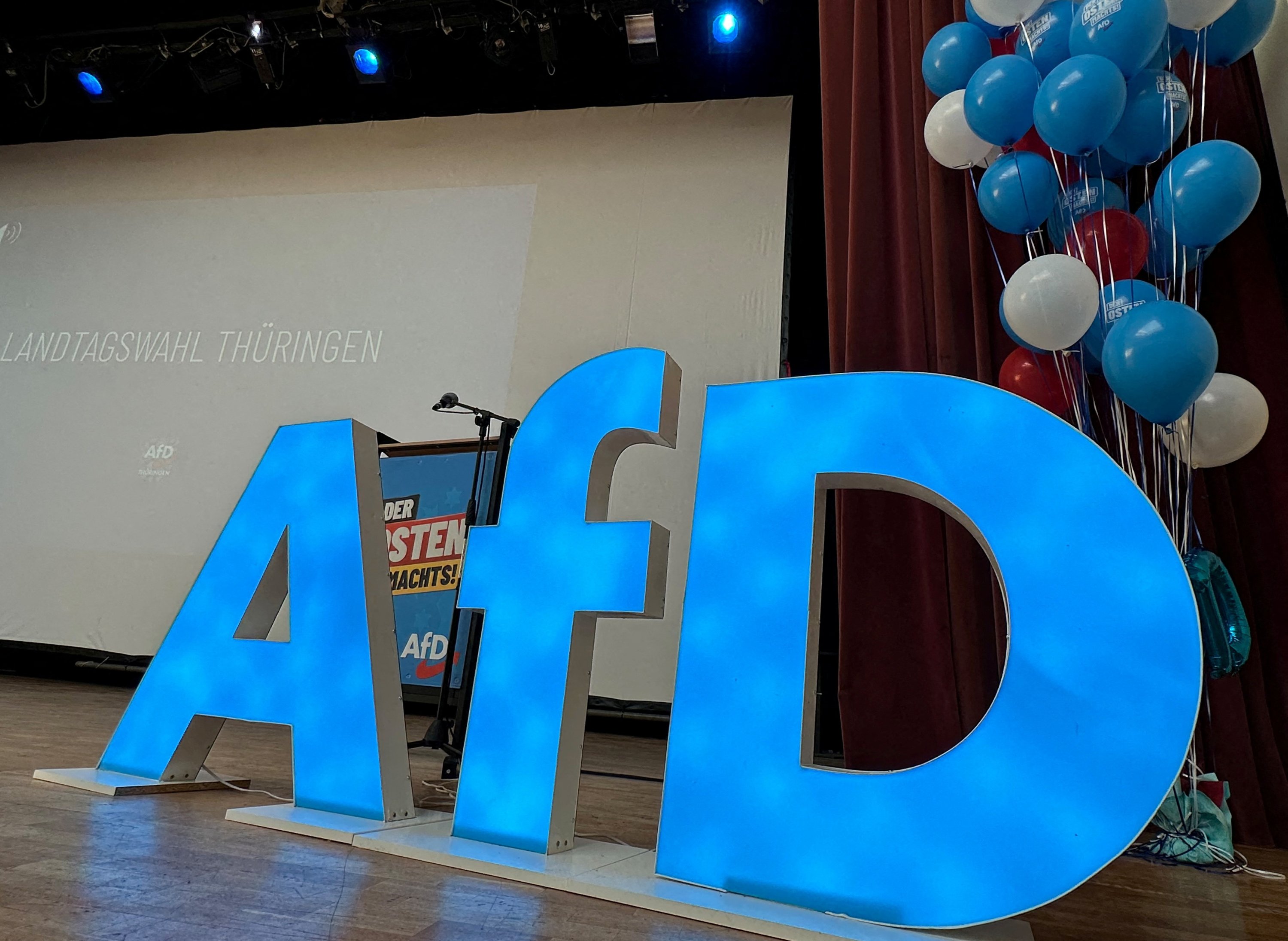 The Alternative for Germany (AfD) logo is pictured on stage before an election campaign rally of Bjoern Hoecke, leader of the Alternative for Germany in Thuringia, the state in east Germany, Arnstadt, Germany, July 20, 2024. (Reuters Photo)