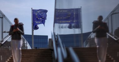 European Union flags fly in front of European Commission headquarters in the European district of Brussels, Belgium, Aug. 22, 2024. (EPA Photo)