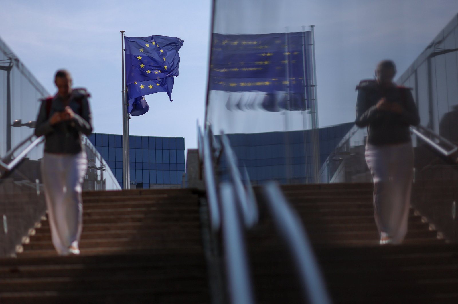 European Union flags fly in front of European Commission headquarters in the European district of Brussels, Belgium, Aug. 22, 2024. (EPA Photo)