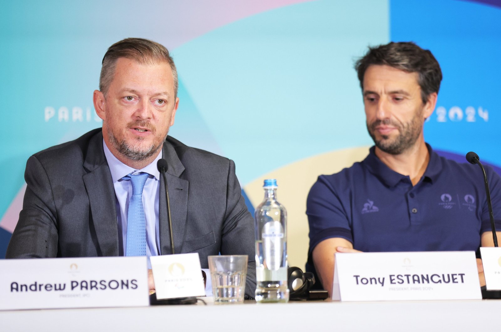 Andrew Parsons, president of the International Paralympic Committee, and Paris 2024 Organizing Committee President Tony Estanguet (R) hold a news conference one day before the Opening Ceremony of the Paralympic Games of Paris 2024 at the headquarters of the Olympic Committee, Saint-Denis, Paris, France, Aug. 27, 2024. (EPA Photo)