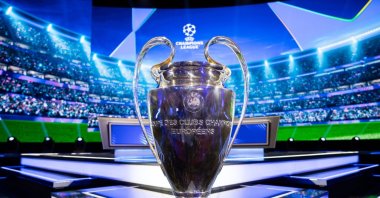 The UEFA Champions League trophy is seen on the stage ahead of the UEFA Champions League 2024/25 League Phase Draw at Grimaldi Forum, Monaco, Monaco, Aug. 28, 2024. (Getty Images Photo)