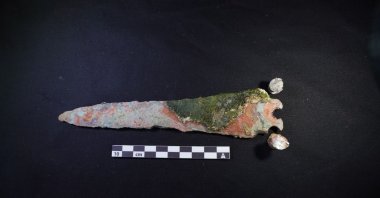 During an underwater excavation at a shipwreck off the coast of Kumluca a bronze dagger with silver rivets dating back approximately 3,600 years to the Minoan civilization was discovered, Antalya, Türkiye, Aug. 29, 2024. (DHA Photo)