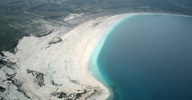 An aerial view of Salda Lake in the Yeşilova district of Burdur, Türkiye, Aug. 28, 2024. (IHA Photo)