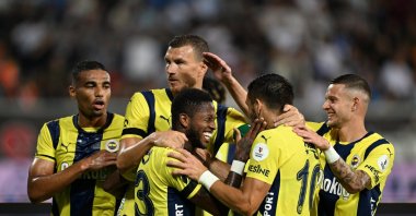 Fenerbahçe players celebrate following a goal against Rizespor at the Didi Stadium, Rizespor, Türkiye, Aug. 25, 2024. (AA Photo)