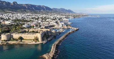 An undated aerial view of Girne (Kyrenia) Castle, a famous landmark in Girne, TRNC. (Sabah File Photo)