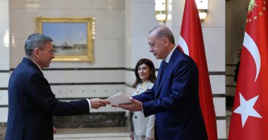 New Danish ambassador Ole Toft (L) presents his letter of credentials to President Recep Tayyip Erdoğan, Ankara, Türkiye, Aug. 29, 2024. (AA Photo)