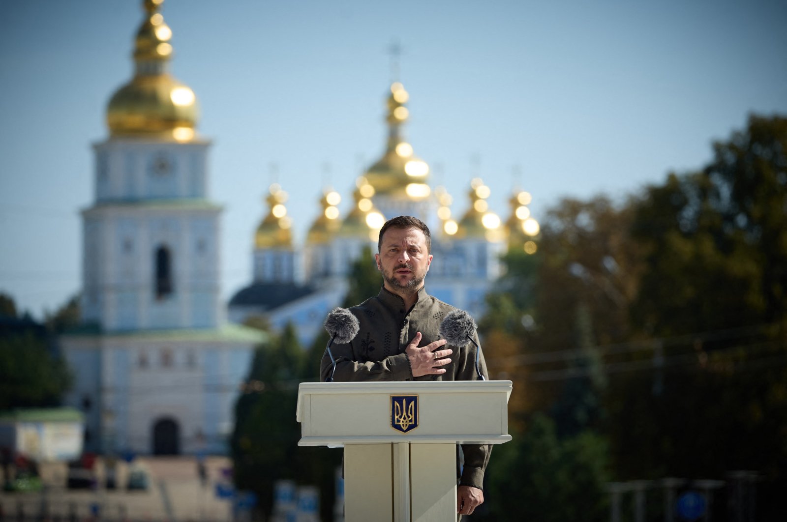 Ukraine&#039;s President Volodymyr Zelenskyy speaks during the 33rd Independence Day ceremony at Saint Sophia Square, Kyiv, Ukraine, Aug. 24, 2024. (AFP Photo)