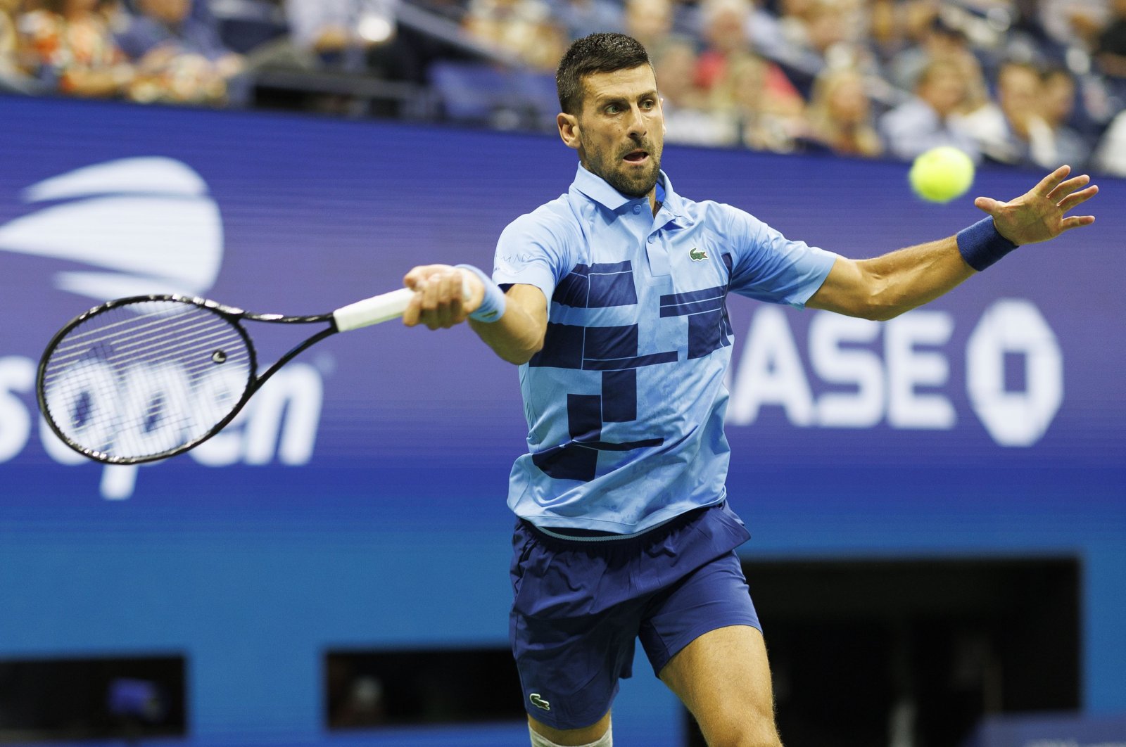 Serbia&#039;s Novak Djokovic in action against Serbia&#039;s Laslo Djere during their second round match of the US Open Tennis Championships at the USTA Billie Jean King National Tennis Center, Flushing Meadows, New York, U.S., Aug. 28, 2024. (EPA Photo)